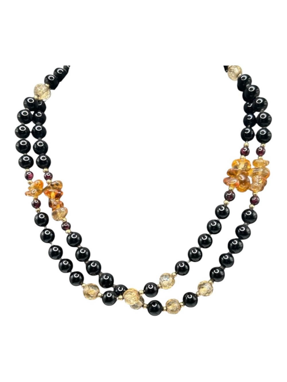 Vintage Black Onyx Citrine Garnet and 14K Gold Bead Long Necklace